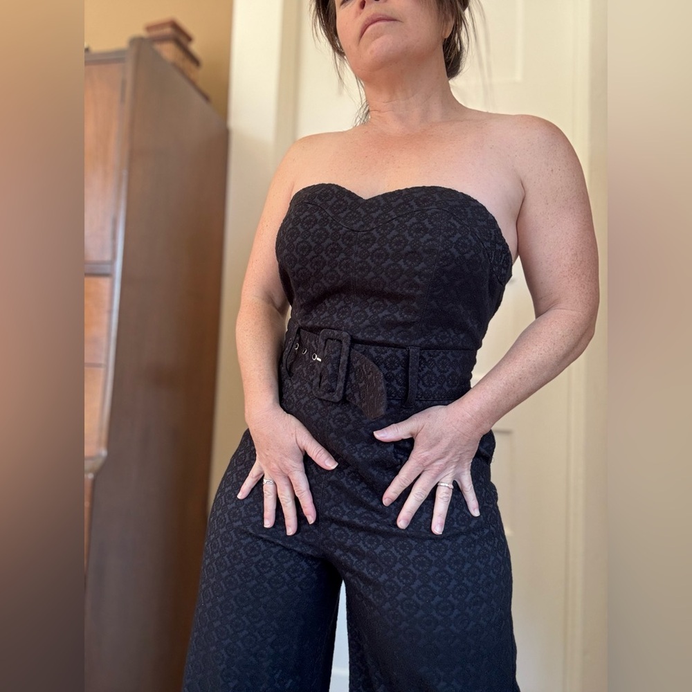 Strapless Jacquard Black Jumpsuit with belt by Attitwa by Anthropologie